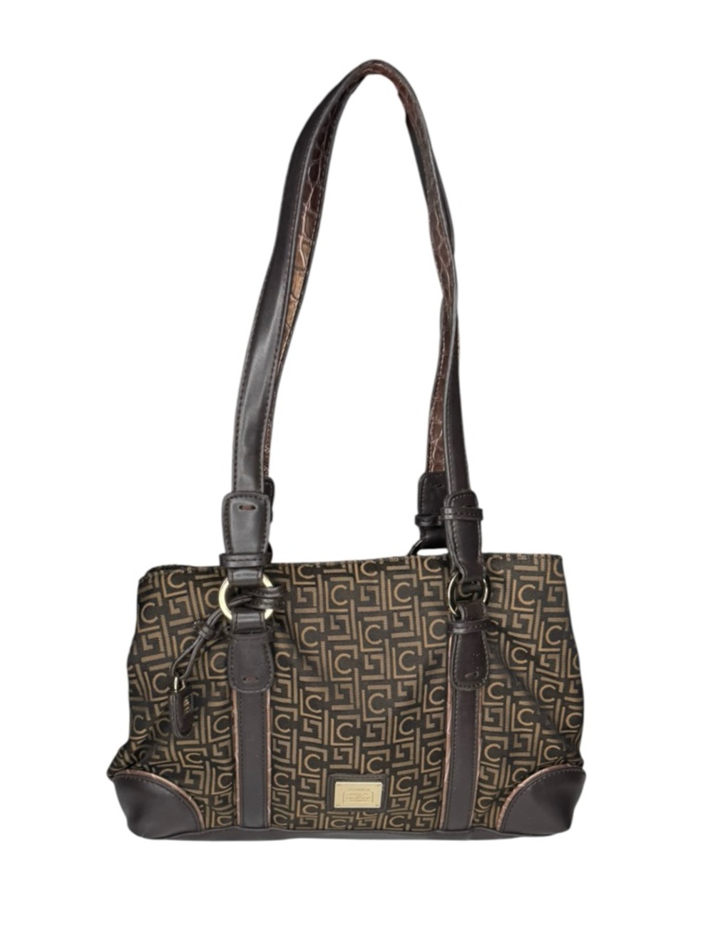Liz Claiborne Brown Monogram Shoulder Tote with Dark Brown Trim
